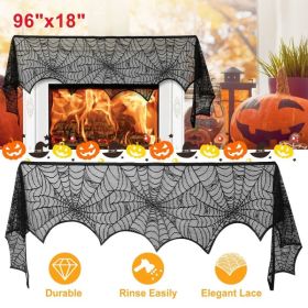 2PCS Halloween Mantle Scarf (96"x18") - Black Lace With Spider Web, Spider & Bat Design, Soft Anti-Crease Fabric - Perfect For Fireplace, Haunted Hous