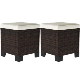 2 Piece Wicker Outdoor Ottomans With Cushions, Rattan Ottoman Footrest And Side Table For Patio, Yard, Poolside, Beige