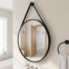 20" Wall Mounted Mirror Round Vanity Mirror with Leather Strap, Black
