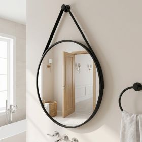 20" Wall Mounted Mirror Round Vanity Mirror with Leather Strap, Black