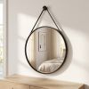 20" Wall Mounted Mirror Round Vanity Mirror with Leather Strap, Black