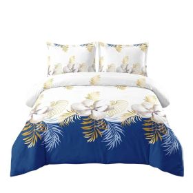 3 Piece Duvet Cover Set, US Designer Navy Blue And Gold Tropical Floral Botanical Print High GSM Heavyweight Comforter Cover With Zipper & Corner Ties (Option: Queen)