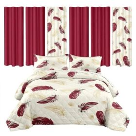 9 Piece Room In A Bag Quilt And Curtain Set, US Designer Burgundy Gold Boho Feather Print Heavyweight Bedspread With 6 Customizable Window Panels, Pet (Option: Queen)