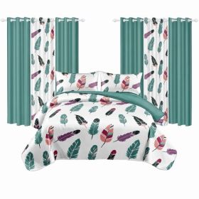 9 Piece Room In A Bag Quilt And Curtain Set, US Designer Boho Feather Print Heavyweight Bedspread With 6 Customizable Window Panels, Pet-Friendly High (Option: Queen)