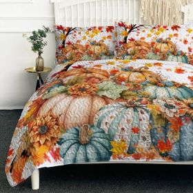 3PCS Colorful Oil Painting Pumpkin Pattern Quilt Set For All Seasons Flower Fall Leaves Bedding Set With 2 Pillowcases For Kids Adults Thanksgiving Da (Option: King-Orange)