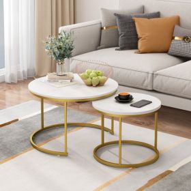 27.6in Nesting Coffee Table Set of 2, Round Coffee Table Wood Marble Pattern Top with Sturdy Metal Frame, End Table Side Tables for Living Room Bedroo (Option: White+Gold)