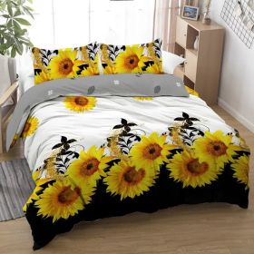 3 Pieces Black And White Background Sunflower Duvet Cover Set Yellow Flower Polyester Bedding Set For Adults Bedroom Decor Twin Full Queen King Size (Option: Queen-Yellow)