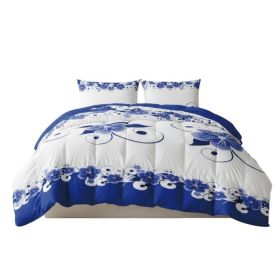 3 Piece Duvet Cover Set, US Designer Blue And White Floral Botanical Print High GSM Heavyweight Comforter Cover With Zipper Closure & Corner Ties, Pet (Option: Queen)