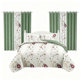 9 Piece Room In A Bag Quilt And Curtain Set, US Designer Sage Green Botanical Floral Print Heavyweight Bedspread With 6 Customizable Window Panels, Pe (Option: Queen)