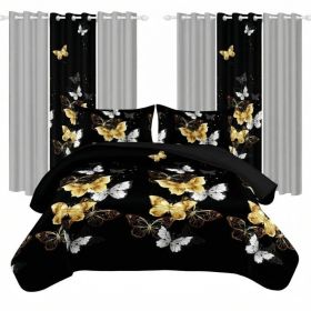 9 Piece Room In A Bag Quilt And Curtain Set, US Designer Black And Gold Butterfly Print Heavyweight Bedspread With 6 Customizable Window Panels, Pet-F (Option: Twin)