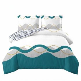 3 Piece Reversible Duvet Cover Set, Heavyweight High-GSM Microfiber Bedding With Zipper & 4 Corner Ties, US Designer Modern Teal Wave & Chevron Geomet (Option: Queen)