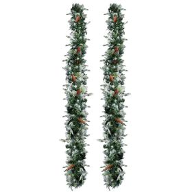 2 Pack 9FT Pre-lit Snow Flocked Christmas Garland, Lighted Artificial Xmas Garland With 200 Warm Lights And 440 Tips And Red Berries, For Front Door G (Option: defaulttitle)