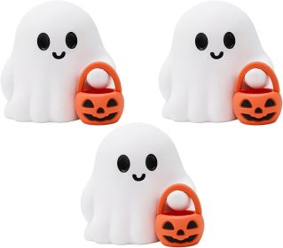 Halloween Decor Fluorescence Ghost Figurines Carrying Pumpkins – Mini Cute 3D Printing Spooky Table Statue Halloween Festive Decoration for Holiday Bo (Color: 3pcs Ghost Pumpkin)