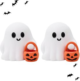 Halloween Decor Fluorescence Ghost Figurines Carrying Pumpkins – Mini Cute 3D Printing Spooky Table Statue Halloween Festive Decoration for Holiday Bo (Color: 2pcs Ghost Pumpkin)