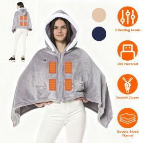 Wearable Heated Throw Blanket Double-Sided Flannel Portable Electric Heating Hoodie For Women Men Machine Washable 3 Heating Levels Battery Operated (Color: Grey)
