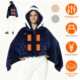 Wearable Heated Throw Blanket Double-Sided Flannel Portable Electric Heating Hoodie For Women Men Machine Washable 3 Heating Levels Battery Operated (Color: Dark Blue)